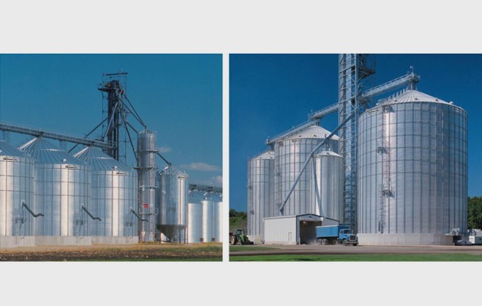 izq. Planta de acopio, saneamiento de granos con si los comerciales Brock. / Der.-  Silos Comerciales Brock: 44,500 M3 con acero galvanizado tipo G90 y pedidos especiales ofrecemos galvacinado G140, que posee un 37% más de zinc cómo protección contra la corrosión para diferentes condiciones climáticas, vientos y zonas sísmicas. 