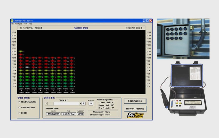 izq.- Pantalla de control de temperatura y señal de cada sensor a diferentes temperaturas por color, se puede detectar la altura de grano a través del sistema para aplicaciones de control de inventario. / Der.- Equipos portátiles de medición de temperatura. 