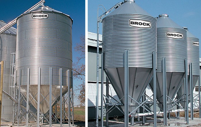 izq. Silo Cónico de granja en acopio de productor de maíz. Silos Cónicos Granjeros Brock y Silos Tolva para trabajo suaves se aplican en instalación de campo o sitios de productores. / Der.- Silo Tolva de trabajo para alimentación de aves en granja Avícola