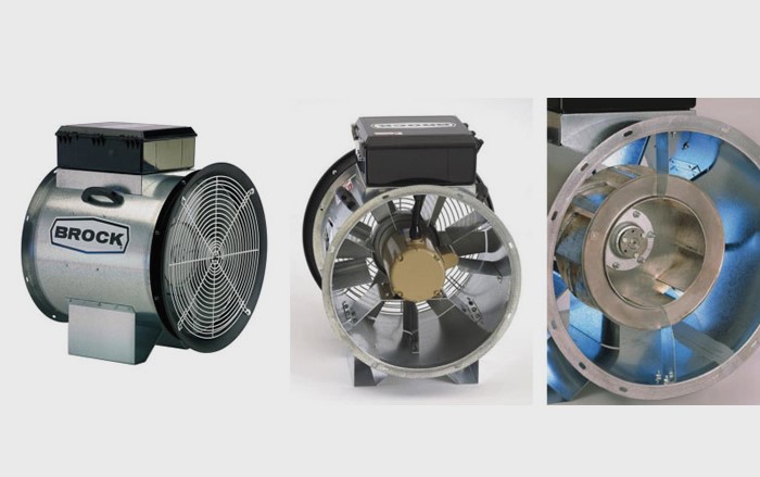 izq.- Ventilador Axial Brock. Sistemas de aireación usados para mantener su grano libre de plagas, hongos y desarrollo de su proceso enzimático./Cent.- Ventilador Axial Brock: Ofrecemos ventiladores axiales, centrifugados regulares y centrifugados y In-Line con tubería de distribución de aire y pisos pues fuera Dores para trabajo fuerte, TriCorr. / Der.- Ventilador Centrifugados In-Line Brock