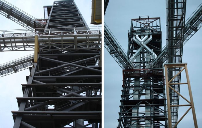 Izq.- Ofrecemos accesorios e infraestructura de soporte y torres para plantas de almacenamiento de granos. / Der.-Soporte de transportadores superiores sobre silos, con sistemas catwalks.