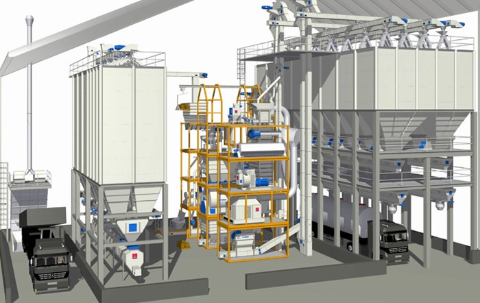 Diseño de planta completa, desde los silos de almacenamiento de materias primas, silos dosificadores hasta los silos de producto terminado y carga a granel.